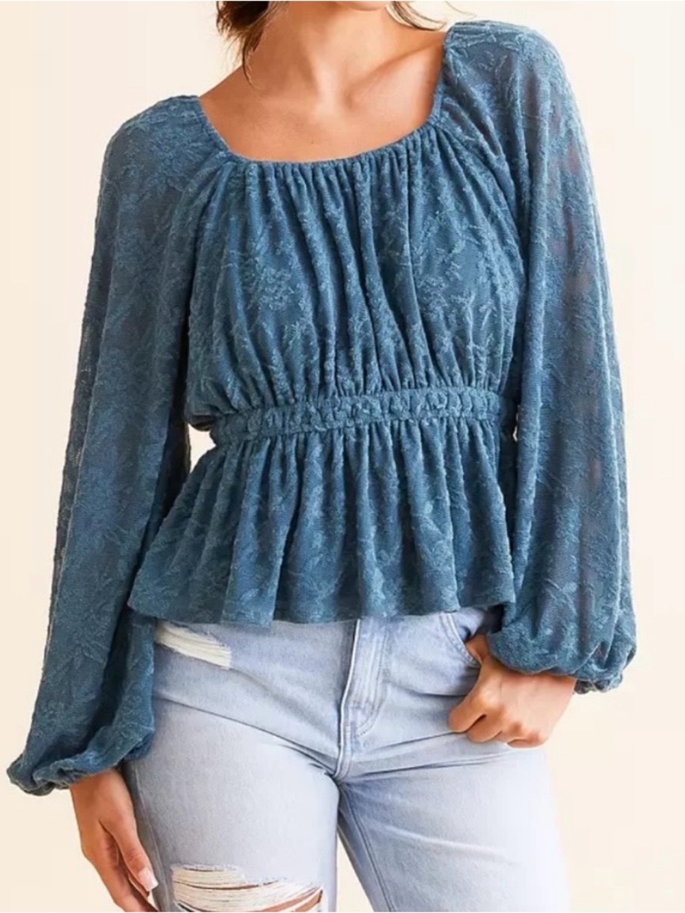 Daytrip Textured Peplum Top Womens Medium NEW Square Neck Buckle Elastic Waist